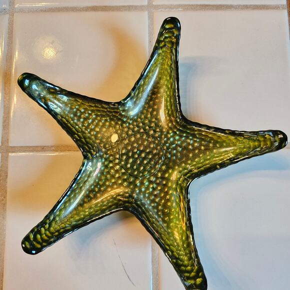 Iridescent Ocean Starfish Dishes Red-Green Art Glass - Set of 2 Coastal Decor - Picture 2 of 9